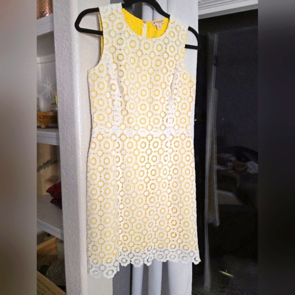 Brooks Brothers White Yellow Crochet Lace Overlay  Sheath Midi  6